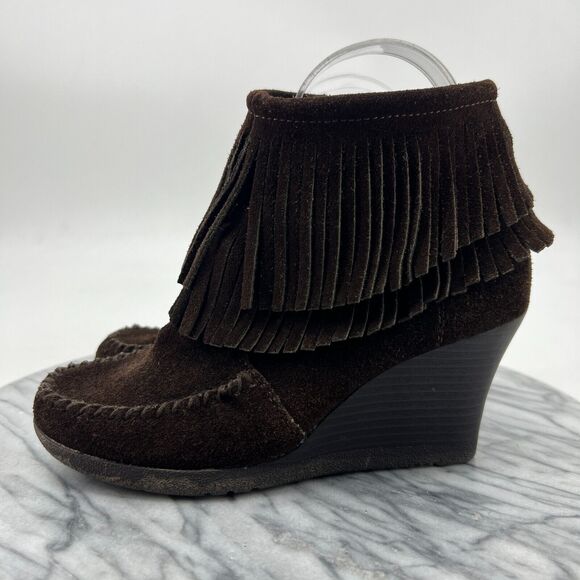 Minnetonka Fringe Wedge Booties Womens 5.5 Espresso Brown Suede Ankle Heel Boots - Picture 4 of 11